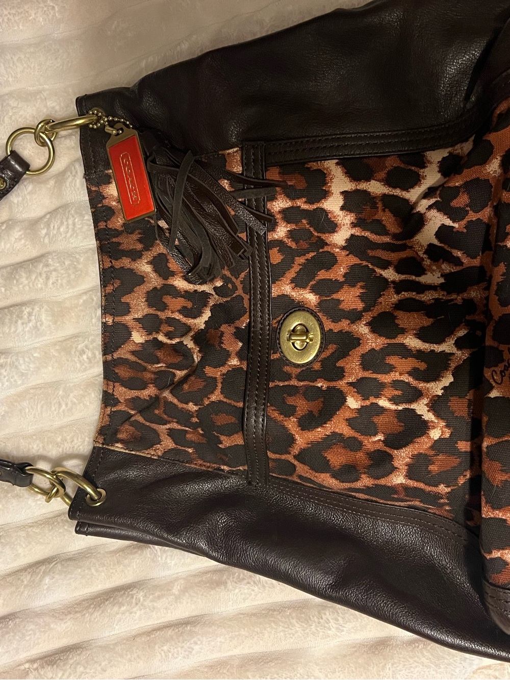 Coach Leopard Print Shoulder Bag with Dark Brown Leather Trim